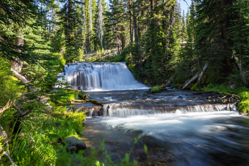 A waterfall along the Green Lakes Trail on the Cascade Lakes Scenic Byway